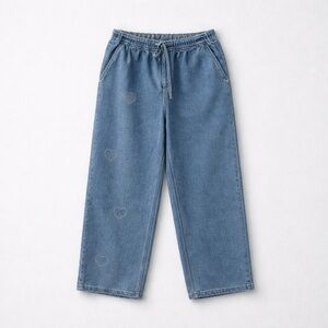 Blue Denim Wide-Leg Pants with Rhinestone Hearts Details size small